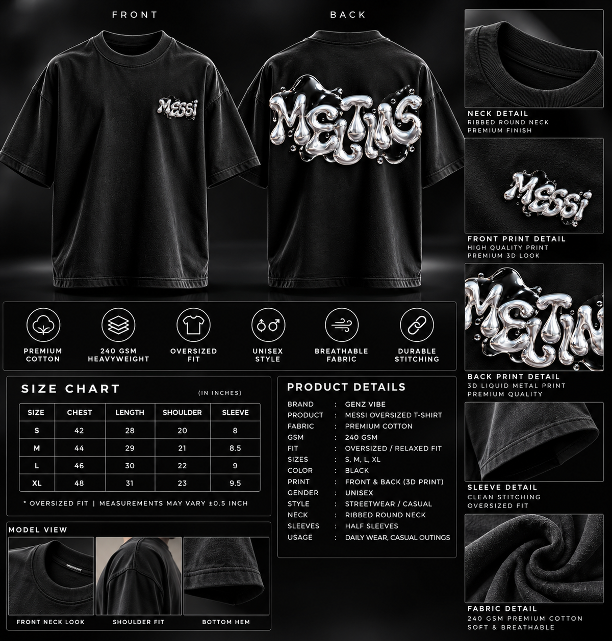 GENZ VIBE Messi Oversized T-Shirt – 240 GSM Premium Cotton | Unisex 3D Streetwear