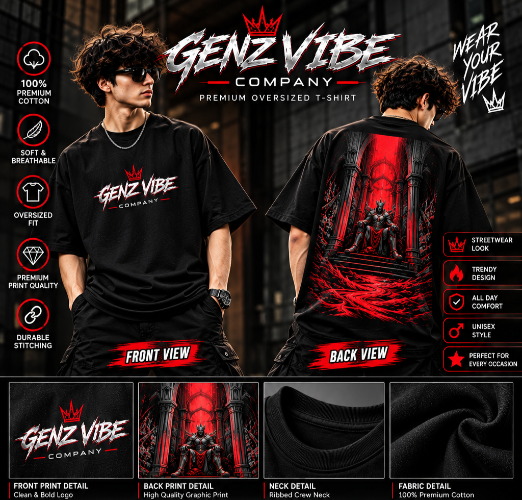 GENZ VIBE COMPANY 240 GSM Premium Oversized T-Shirt – 100% Cotton, Jet Black Streetwear | Unisex