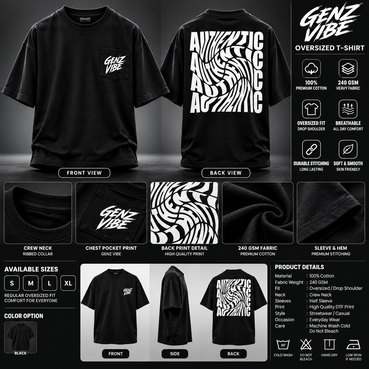 GENZ VIBE Premium Oversized T-Shirt – 240 GSM Heavyweight Cotton | Unisex Streetwear