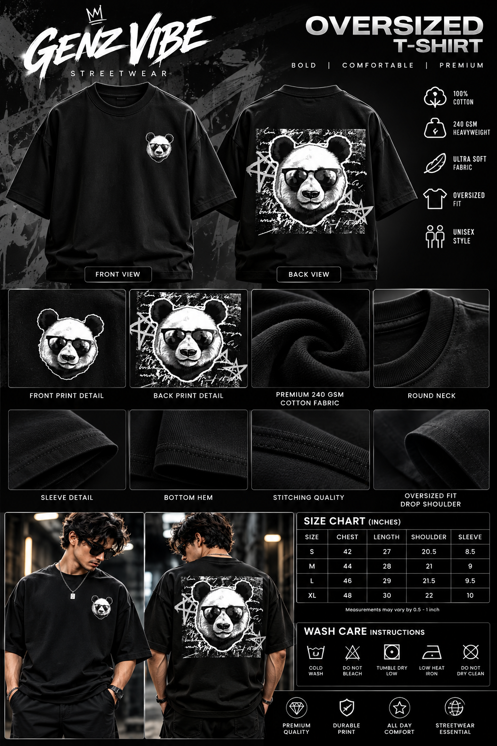 GENZ VIBE Panda Streetwear Oversized T-Shirt – 240 GSM Premium Cotton | Black Unisex T-Shirt