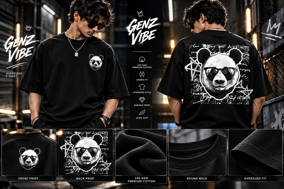 GENZ VIBE Panda Streetwear Oversized T-Shirt – 240 GSM Premium Cotton | Black Unisex T-Shirt